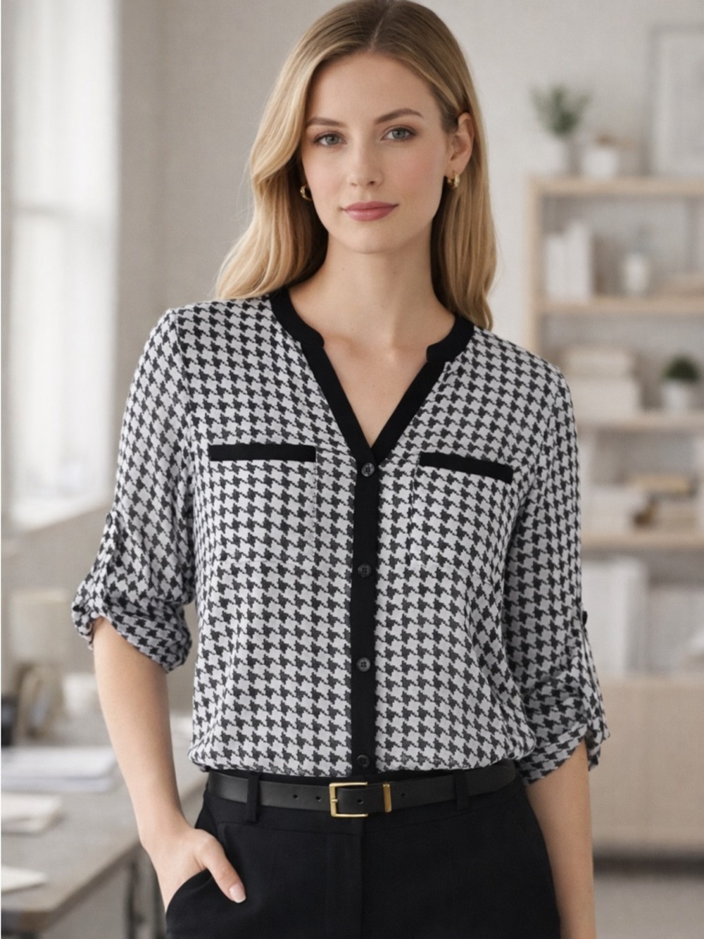 Classic Chic Houndstooth Blouse Black White Button Front Top